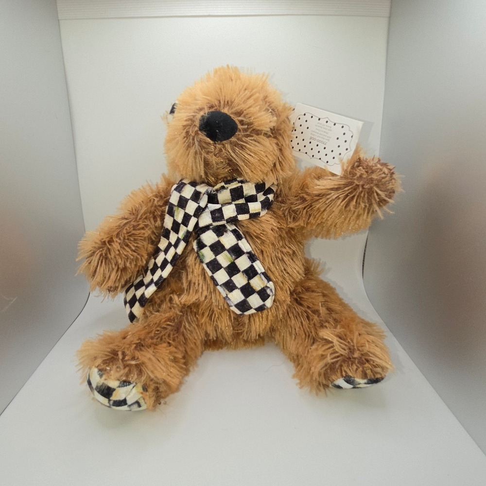 MacKenzie-Childs Brown Shaggy Plush Teddy Bear Courtly Check Scarf Rare